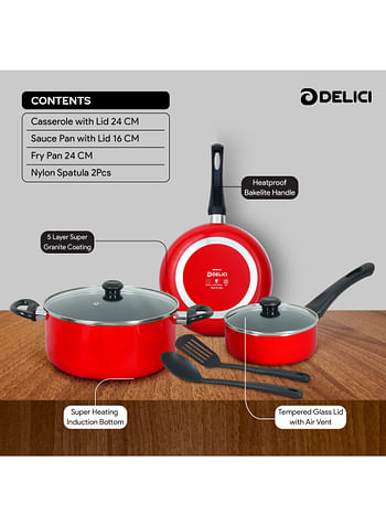 DELICI Non Stick Cookware Set 7 Pcs (NCS7R) | 10X Tougher Non-Stick Coating | Quick & Even Heat Distribution | Gas, Ceramic, Hot Plate, Halogen Compatible | Casserole, Sauce Pan, Fry Pan + Nylon Spatula