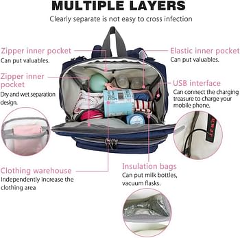 AMERTEER Diaper Bag Backpack with USB Port and Stroller Straps, Maternity Nappy Bag with Insulated Feeding Bottle Pocket - Blue