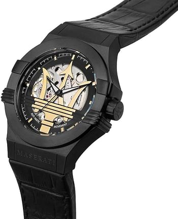 Maserati Watch Potenza Skeleton Dial Black Leather Men's Watch 42mm