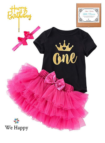 4 Pieces 1st Birthday Baby Girl Costume Set, Newborn Princess ONE Printed with Crown Dress for Theme Party Photoshoot, Unicorn Bodysuit with Tutu Skirt, Cake Topper and Floral Headband  - Black Pink