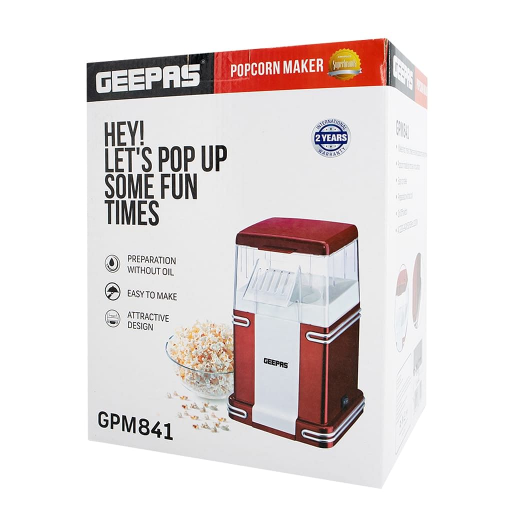 1200W Electric Popcorn Maker, Makes Hot, Fresh, Healthy and Fat-Free Theatre Style Popcorn Anytime, On/Off Switch, Oil-Free Popcorn Popper Geepas – Red & White