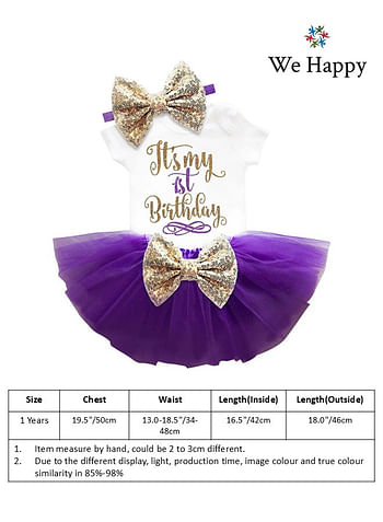 4 Pieces Its My 1st Birthday Costume Princess Theme Dressing up Toy Baby Girl Party Fancy Wear with Tutu Skirt, Cake Topper and Floral Headband - Purple