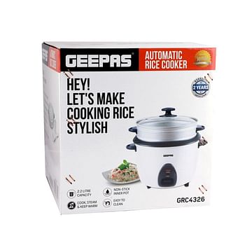 Geepas GRC4326 2.2L Electric Rice Cooker -Cook/Warm/Steam, High-Temperature Protection - Make Rice & Steam Healthy Food & Vegetables