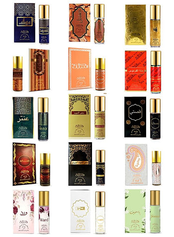 15 Pieces Roll On Alchohol Free Mega Nabeel Dahn al Oud Amiri Gold Ghadeer Antar Nasaem Qisaty Musk Jannet Ward Sandal Makh Tajebni Jasmine 6 ML