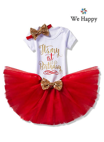 4 Pieces Its My 1st Birthday Costume Princess Theme Dressing up Toy Baby Girl Party Fancy Wear with Tutu Skirt, Cake Topper and Floral Headband - Red