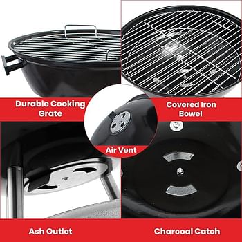 Charcoal BBQ Grill Round for Outdoor Cooking, Barbecue Coal Kettle Bowl Grill Portable Heavy Duty Round with Legs Grilling for Tailgating Patio Backyard Camping – Black