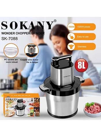 Sokany 1500W Electric Meat Grinder, 8L Stainless Steel Food Chopper for Meat, Vegetables, Fruits, Nuts with 6 Sharp Blades (SK-7088, 1500W)