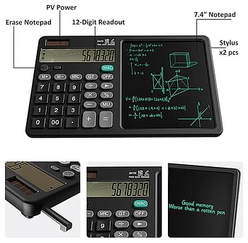 Big Desktop Calculator & 7.5 Inch LCD Writing Tablet/Pad 2in1, 2 Stylus 2 Take Notes/Leave Messages, 280 g, Use 4 Accounting/Arithmetic in Office, School, Home/Business Gift, Black Case & Screen, Green Ink