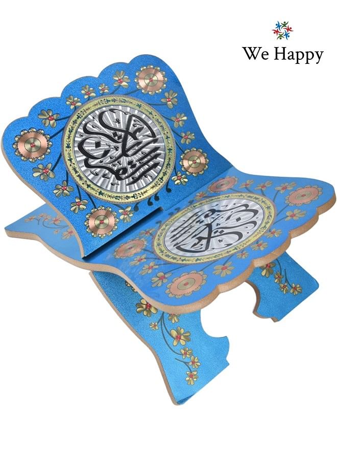 Muslim Al Quran Rehal Stand, Foldable Wooden Holder for Holy Books, Prayers Shelf for Eid, Ramadan, Religious Gift - Blue