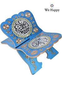 Muslim Al Quran Rehal Stand, Foldable Wooden Holder for Holy Books, Prayers Shelf for Eid, Ramadan, Religious Gift - Blue