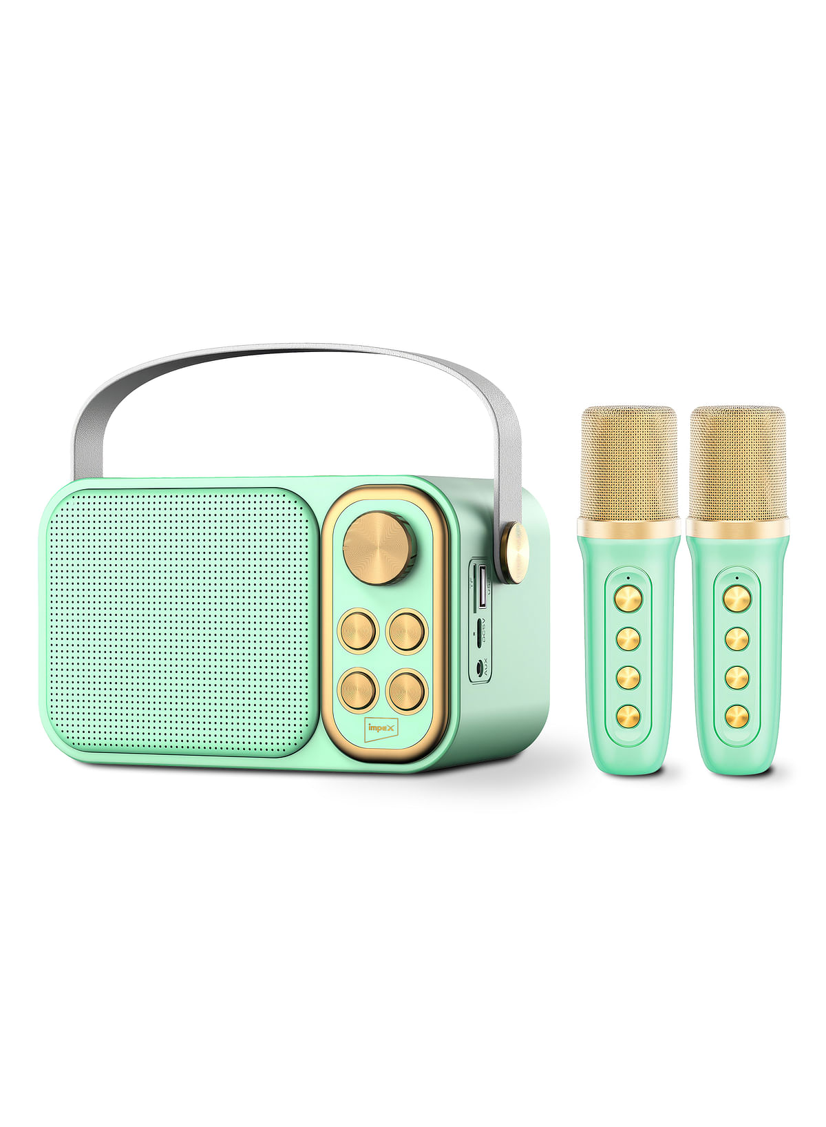 Impex Portable Bluetooth Karaoke Speaker With 2 Wireless Mic With Voice Modulation Green & Gold