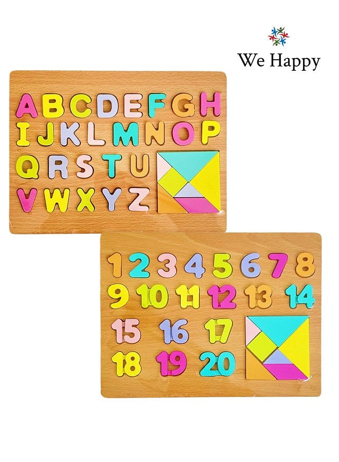 We Happy 62 Pieces Wooden Learning ABC 123 Puzzle, Early Education Activity Numbers Alphabets Board Toy for Toddlers