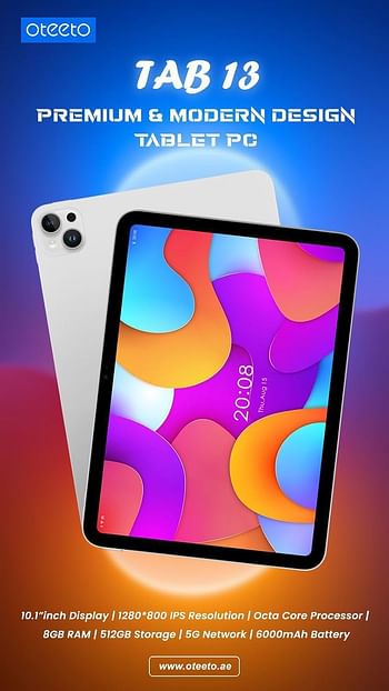 Oteeto Tab 13 10.1Inch 5G Tablet PC Octa Core 6000 mAh Battery 512GB - 8GB RAM - Gray