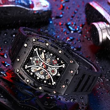 AIMES Men's Waterproof Adjustable Silicone Strap Chronograph Calendar Date Business Luminous Cool Large Square Face Wristwatch - Black