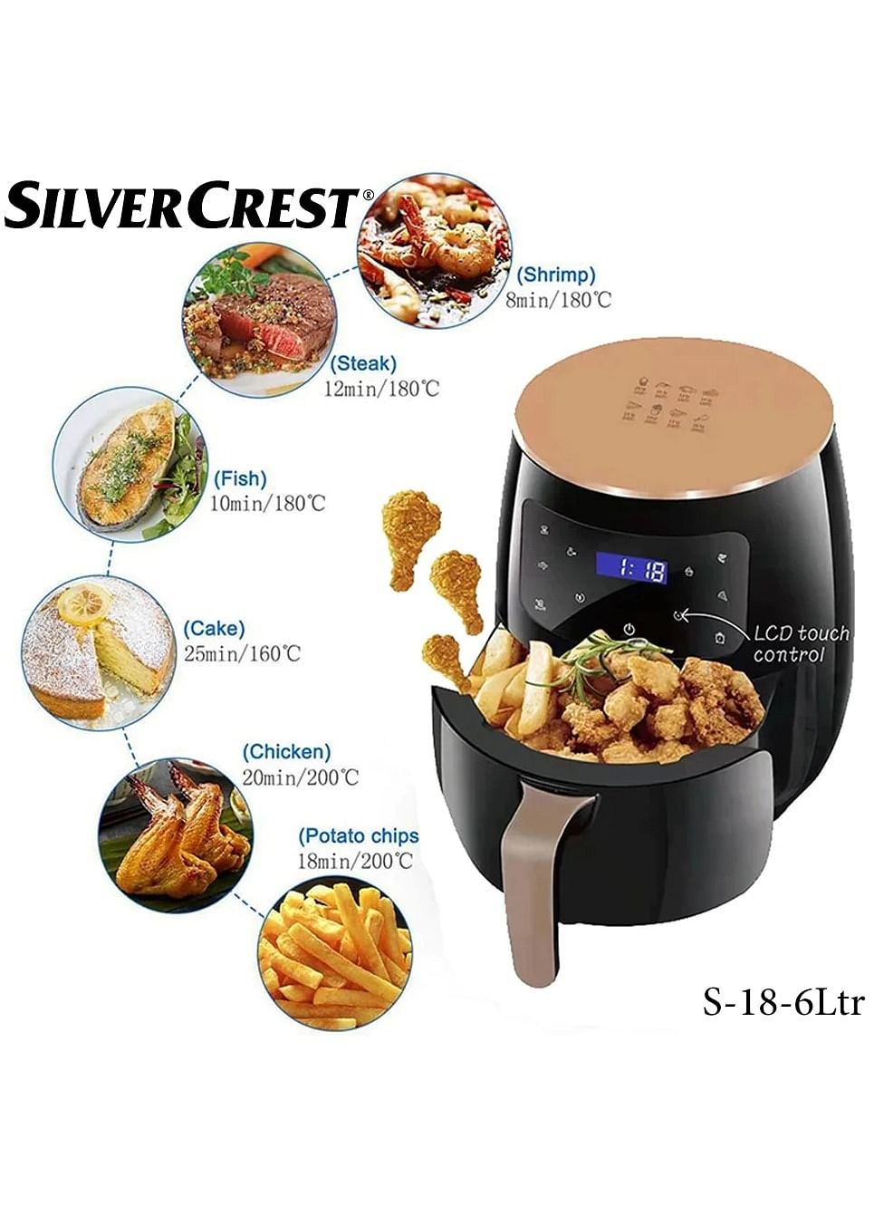 Silver Crest 6L Multifunctional Air Fryer Smart Touch Screen Control Digital Electric Deep Oven