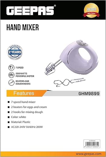 Geepas 200W Hand Mixer- 2 beaters and dough hooks- Professional Food & Cake Mixer for Baking 7 Speed Function, Includes Chrome Extra Long Hooks GHM9899 - White