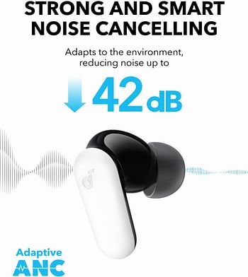 soundcore R50i NC by Anker Noise Cancelling Earbuds Strong and Smart Noise Cancelling Powerful Bass 45H Playtime 2-in-1 Case and Phone Stand IP54 Wireless Earbuds, Bluetooth 5.4 App Control - White