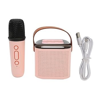 Wireless Speaker Microphone Set, Exquisite Powerful Mini Karaoke Machine RGB Light for Phone for Travel (Pink)