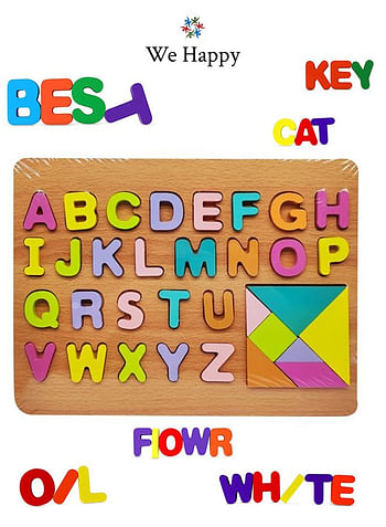 We Happy 34 Pieces Wooden Learning ABC Puzzle, Early Education Activity Alphabet Board Toy for Toddlers