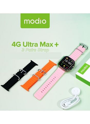 Modio 4G Ultra Max Plus Smart Watch With 2.2 Inch HD Screen Sim Card Slot and 3 Pair Straps For Ladies and Gents Silver