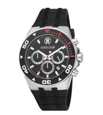 Roberto Cavalli Gents watch, Black Silicon strap, steel & black case, Black dial 43mm RC5G016P0015