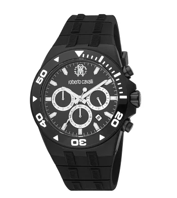 Roberto Cavalli Gents watch, Matte finish, durable silicone bracelet. Round dial with date window set on stainless steel case. Chronograph functions and triple arm movement. Secure and adjustable buckle closure to reverse RC5G016P0035