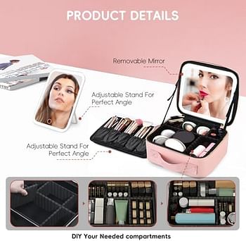 Best Quality Travel Makeup Bag With Lighted Mirror Cosmetic Bag With Adjustable Dividers Waterproof Portable Makeup Organizer Box Cosmetic Train Case For Women Girls