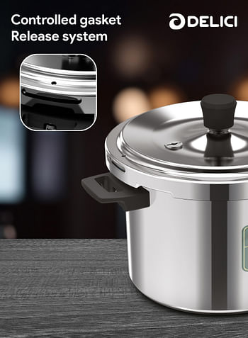 DELICI Aluminum Pressure Cooker Combo 5Ltr + 3Ltr Dripless Design With Superior 8011 Grade Virgin Aluminum, Smart Spillage Control, Heat-Proof Bakelite Handles And Lead-Free Safety Valve