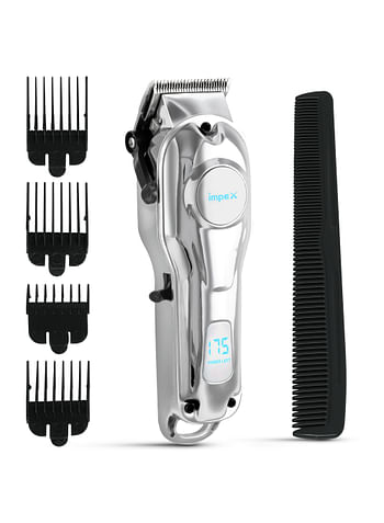 Impex Professional Hair Trimmer Digital LED Logo Display Copper Wheeled Motor 2000mAh Battery Precision Sharp Stainless Steel Blade Adjustable Metal Lever 5W Power 4 Attached Combs Working Hours 2-3 Hours Grooming Kit For Mens