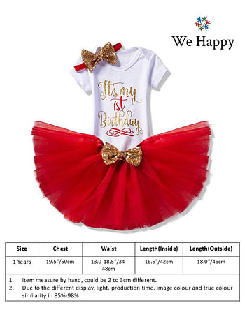 4 Pieces Its My 1st Birthday Costume Princess Theme Dressing up Toy Baby Girl Party Fancy Wear with Tutu Skirt, Cake Topper and Floral Headband - Red