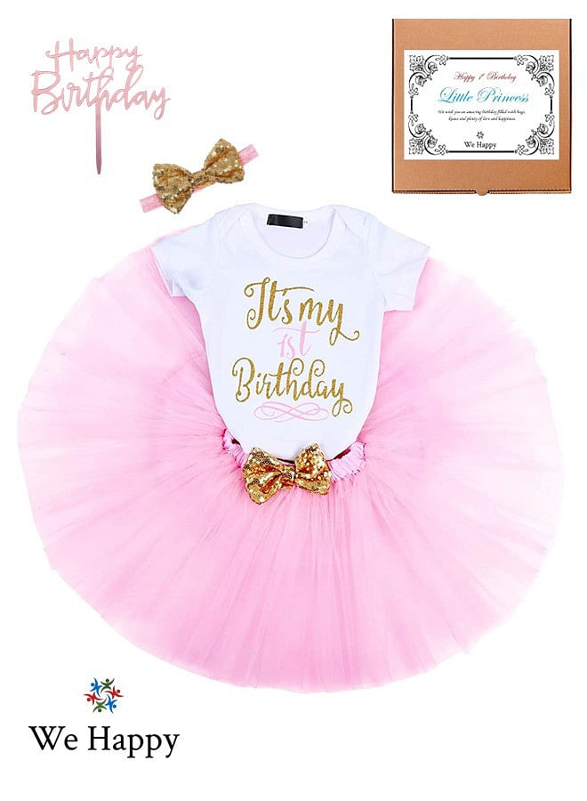 4 Pieces Its My 1st Birthday Costume Princess Theme Dressing up Toy Baby Girl Party Fancy Wear with Tutu Skirt, Cake Topper and Floral Headband - Baby Pink