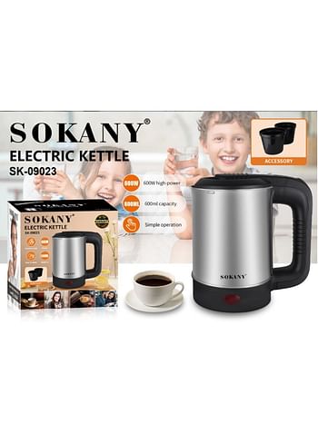 Sokany Electric Kettle 600ml 600 Watt, Stainless Steel Body - Sk-09023