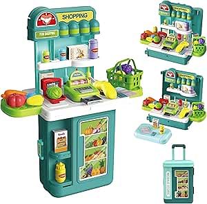 Toy Set 4 in 1 Travel Suitcase Mobile Supermarket Shop Kit Cash Register Food Fruit Vegetable 43PCS Role Play Accessories Gift for Boys Girls