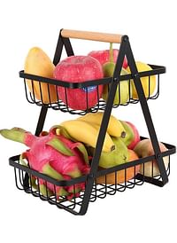 2-Tier Countertop Fruit and Vegetable Basket, Kitchen Storage Rack, Food Bins, Wire Construction, Wooden Handle, Versatile Organizer-  Black