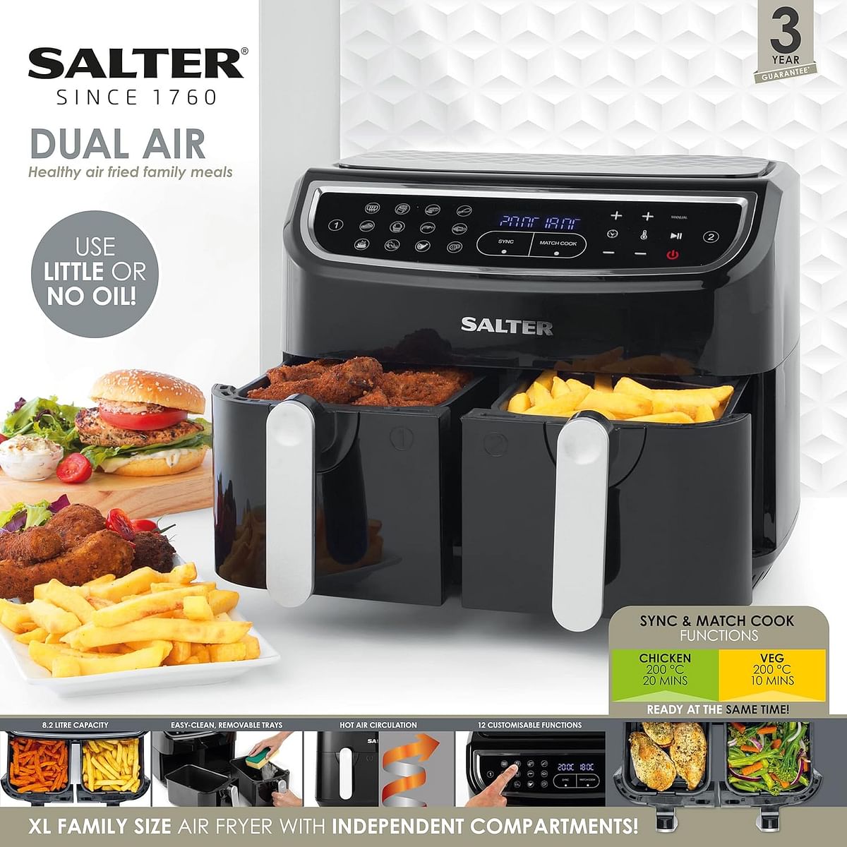 Salter EK4548 Dual Air Fryer - Double Drawer, 2 XL Non-Stick Cooking Trays, Sync & Match Cook Function, Independent Cooking, 8.2L, Sensor Touch Display, 12 Presets, Oil Free, 2200W-2600W - Black, Silver