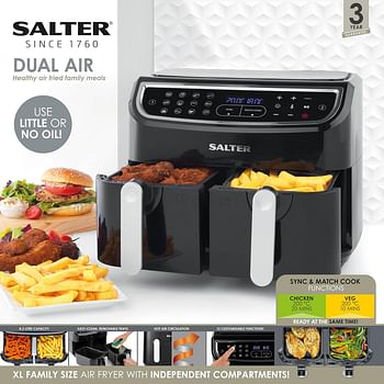 Salter EK4548 Dual Air Fryer - Double Drawer, 2 XL Non-Stick Cooking Trays, Sync & Match Cook Function, Independent Cooking, 8.2L, Sensor Touch Display, 12 Presets, Oil Free, 2200W-2600W - Black, Silver