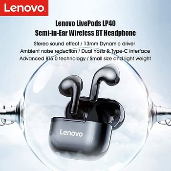 Lenovo LivePods LP40 TWS Semi-In-Ear Earbuds BT 5.0 True Wireless Earbuds with Touch Control Handsfree Call Stereo Sound Noise Cancelling Headphones with Two-Ear Design - Black