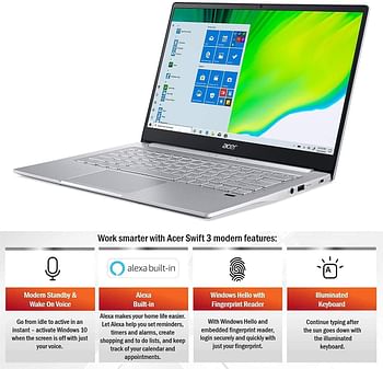 Acer Swift 14 SF314 14 Inches FHD ips NanoEdge Display- AMD 8 Core Ryzen 7 4700u With Radeon Graphics Processor 8GB Ram LPDDR4x 512GB NVMe SSD Backlit KB Finger print Security USB Type C-Wi-Fi 6-Windows 11 - Pure Silver