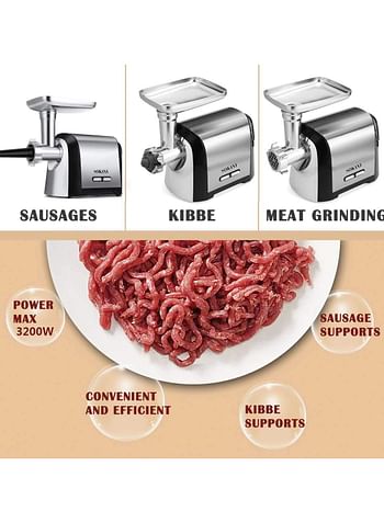 Sokany Electric Meat Grinder SK-088, 3200W Max Power 3200W, 3 in 1 Multifunctional Electric Meat Grinder, Sausage Stuffer, 1 Slicing Blade, 3 Grinding Plates