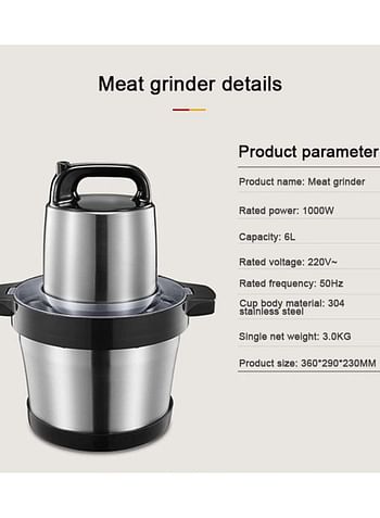 Stainless Steel Meat Grinder, 1000W Food Processor with 6L Food Capacity & 4 Blades, for Meat, Vegetables, Fruits and Nuts