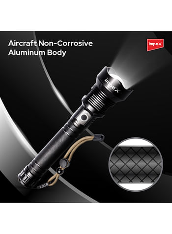 Impex Rechargeable LED Flashlight 20W Laser LED Aircraft Non Corrosive Aluminum Body 600 Lumens Light Beam 2000 Meters Real Range Type C 5 Modes Rotatable Head 3000mAh Li-ion Battery