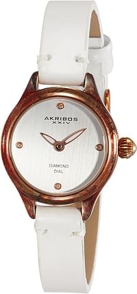 Akribos XXIV Women's Classic Diamond Watch - Silver Brushed Dial with Rose Gold Luminous Leaf Style Hands - White Genuine Calf Leather Watch - AK750