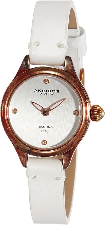 Akribos XXIV Women's Classic Diamond Watch - Silver Brushed Dial with Rose Gold Luminous Leaf Style Hands - White Genuine Calf Leather Watch - AK750