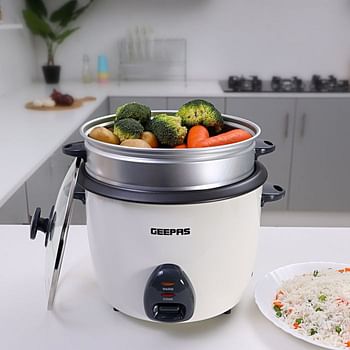 Geepas GRC4326 2.2L Electric Rice Cooker -Cook/Warm/Steam, High-Temperature Protection - Make Rice & Steam Healthy Food & Vegetables