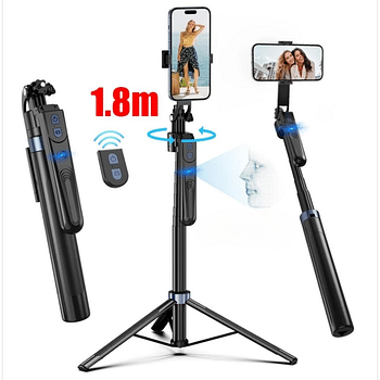 1.8m Extendable Bluetooth Selfie Stick Tripod with Remote – 360° Rotation for Smartphones