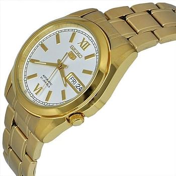 Seiko SNKL58K1 Men's Seiko 5 Gold Tone Stainless Steel Case and Bracelet White Tone Dial Day and Date Watch