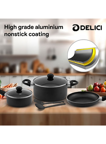 DELICI Nonstick Cookware Set 7 Pcs (NCS7G) 10X Tougher Coating Quick & Even Heat Distribution Suitable for Hot Plate Halogen Ceramic Gas 24cm Casserole with Lid 18cm Saucepan with Lid 24cm Frypan and 2 Nylon Spatulas