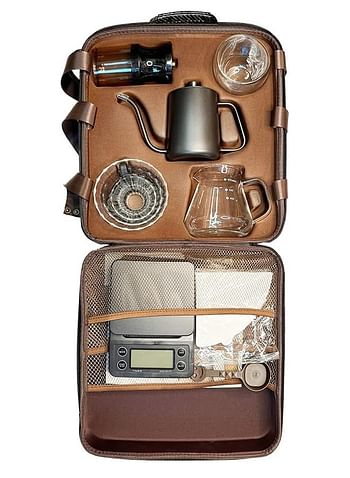 Coffee Travel Kit, Personal Coffee for Camping and Traveling Including Coffee Scale Glass Dripper Hand Grinder Pour Jug Paper Filter Double Wall Mug