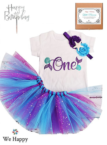 4 Pieces 1st Birthday Baby Girl Costume Mermaid Under the sea Theme Princess Photoshoot Dress ONE Printed Party Wear with Tutu Skirt, Cake Topper and Floral Headband - White Purple