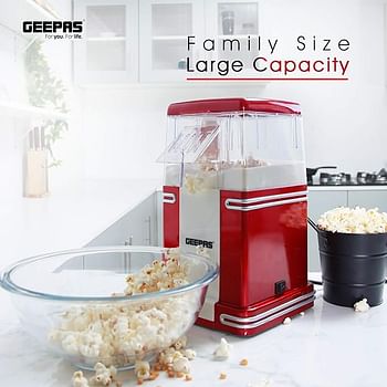 1200W Electric Popcorn Maker, Makes Hot, Fresh, Healthy and Fat-Free Theatre Style Popcorn Anytime, On/Off Switch, Oil-Free Popcorn Popper Geepas – Red & White